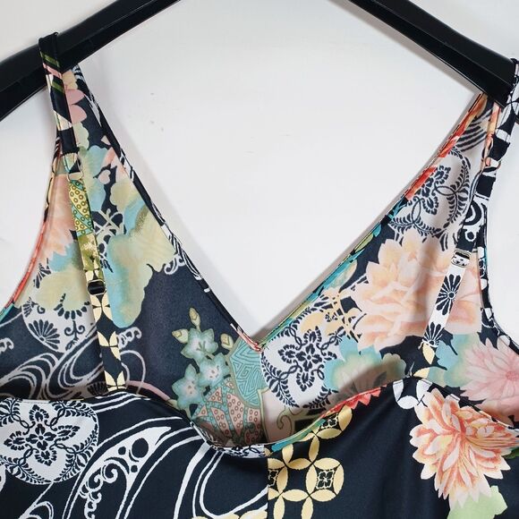 Natori Kimono Robe & Gown Asian Floral‎ XL Belted Satin Pockets Black Geometric - Picture 9 of 11